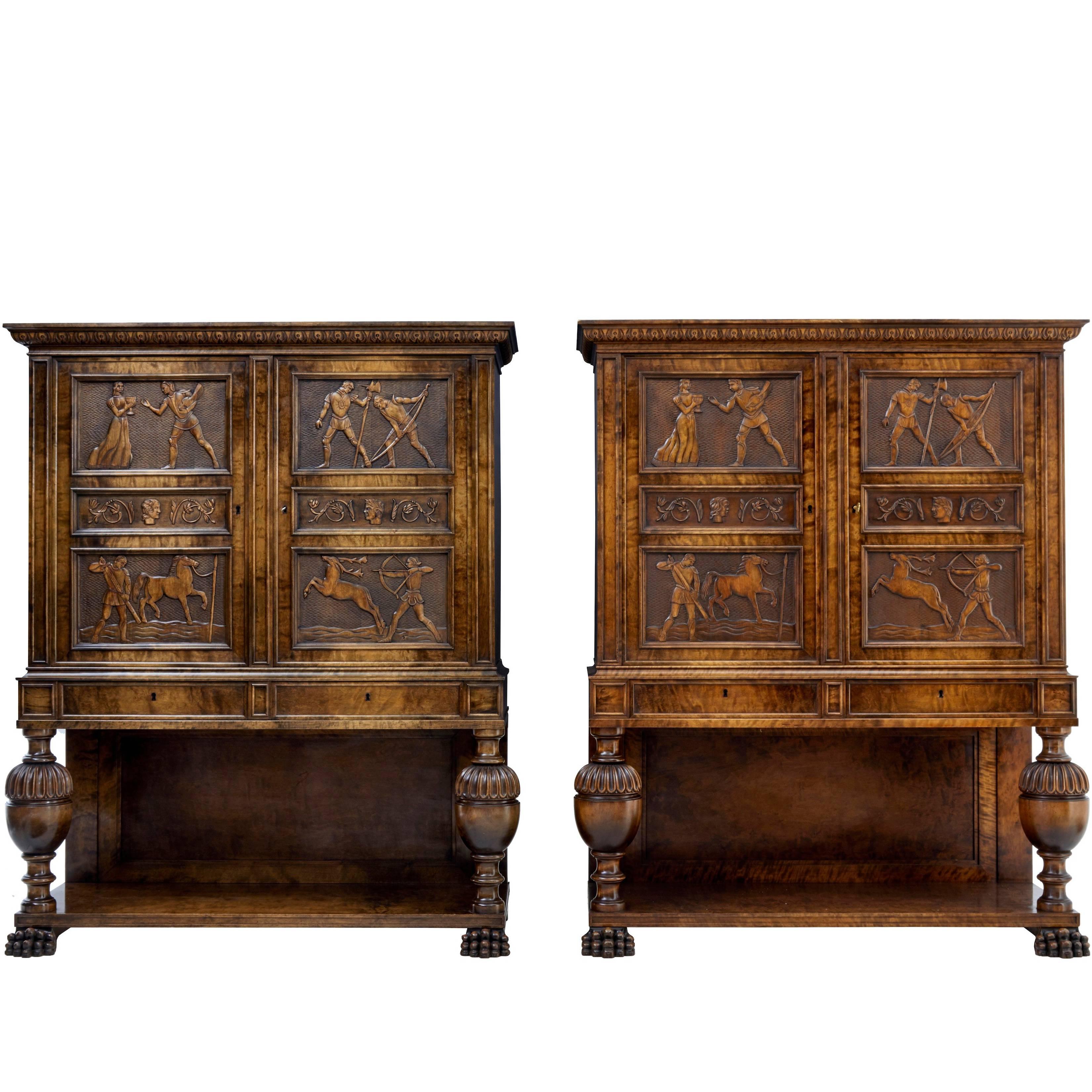 Fine Pair of Late Art Deco Swedish Carved Birch Cabinet on Stands