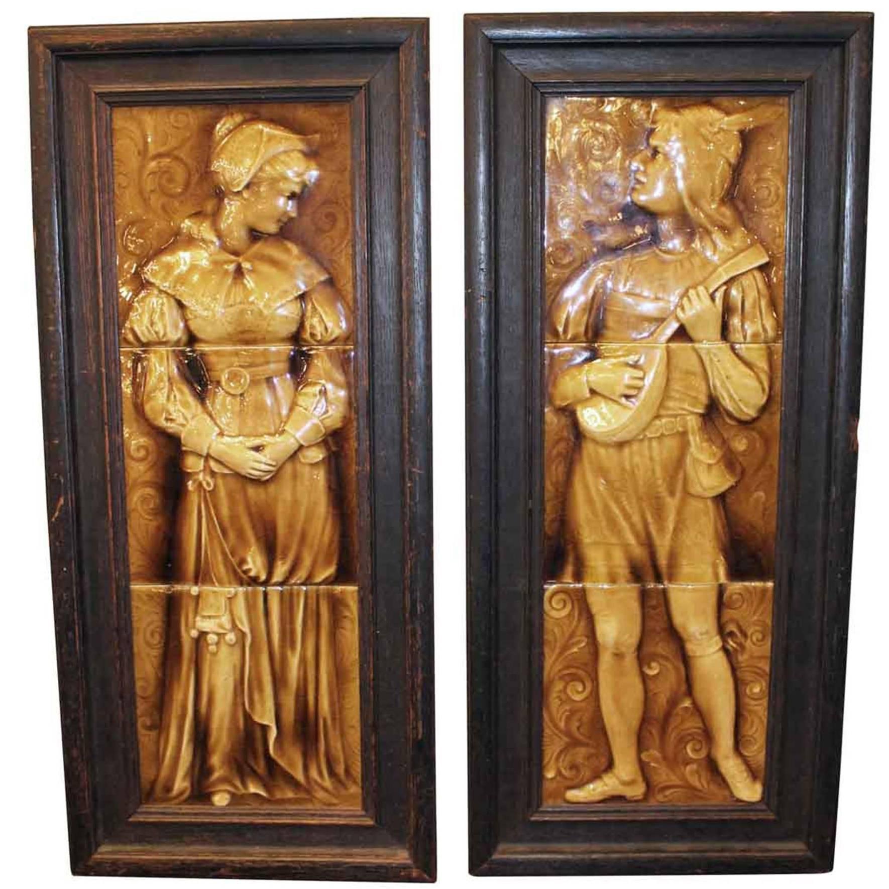 1890s Pair of Wood Framed Victorian Figural Mantel Tile