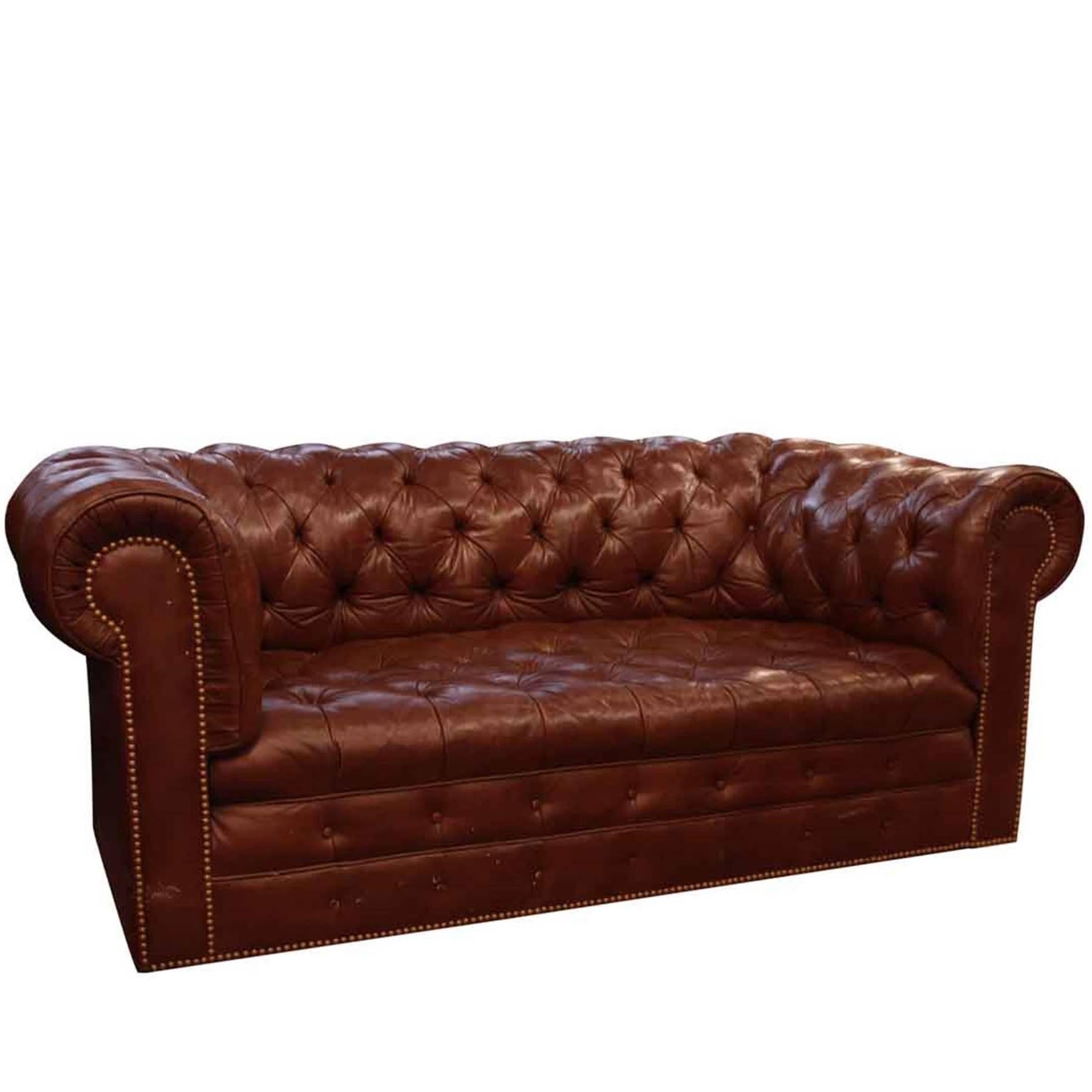 1970s Brown Chesterfield Leather Sofa with Brass Rivets by Hancock & Moore