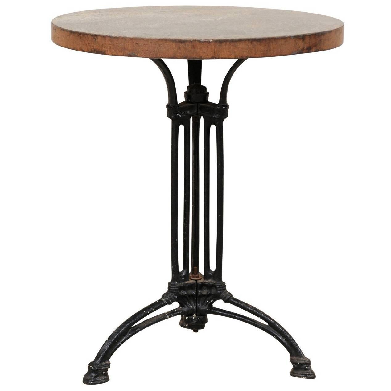 French Petite Round Iron Indoor or Outdoor Bistro Table with Patinated