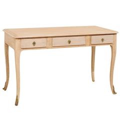 Mid-Century Desk of Bleached Oak with Cabriole Legs and Brass Accents