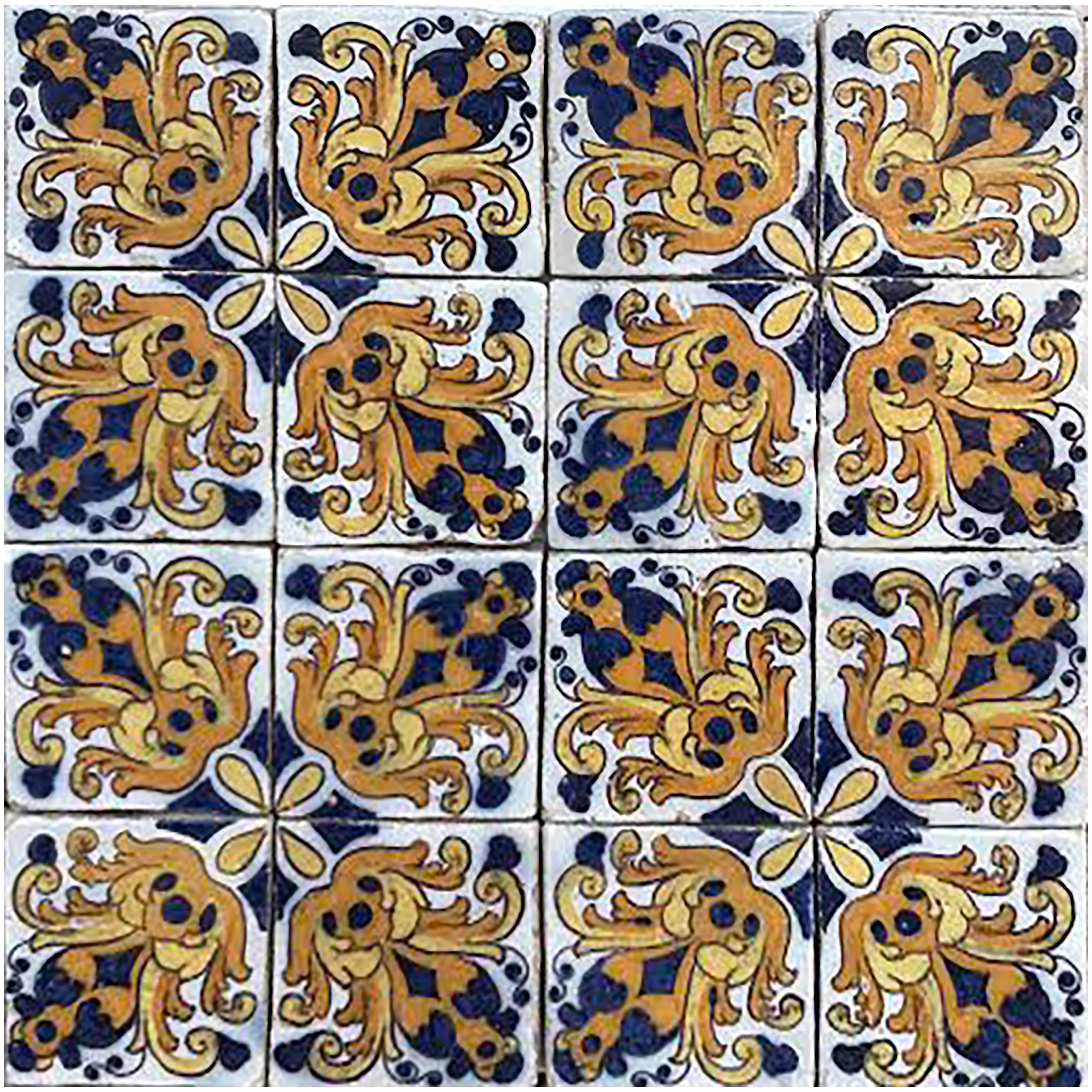 17th Century Portuguese polychrome blue and yellow on white tile Mural For Sale