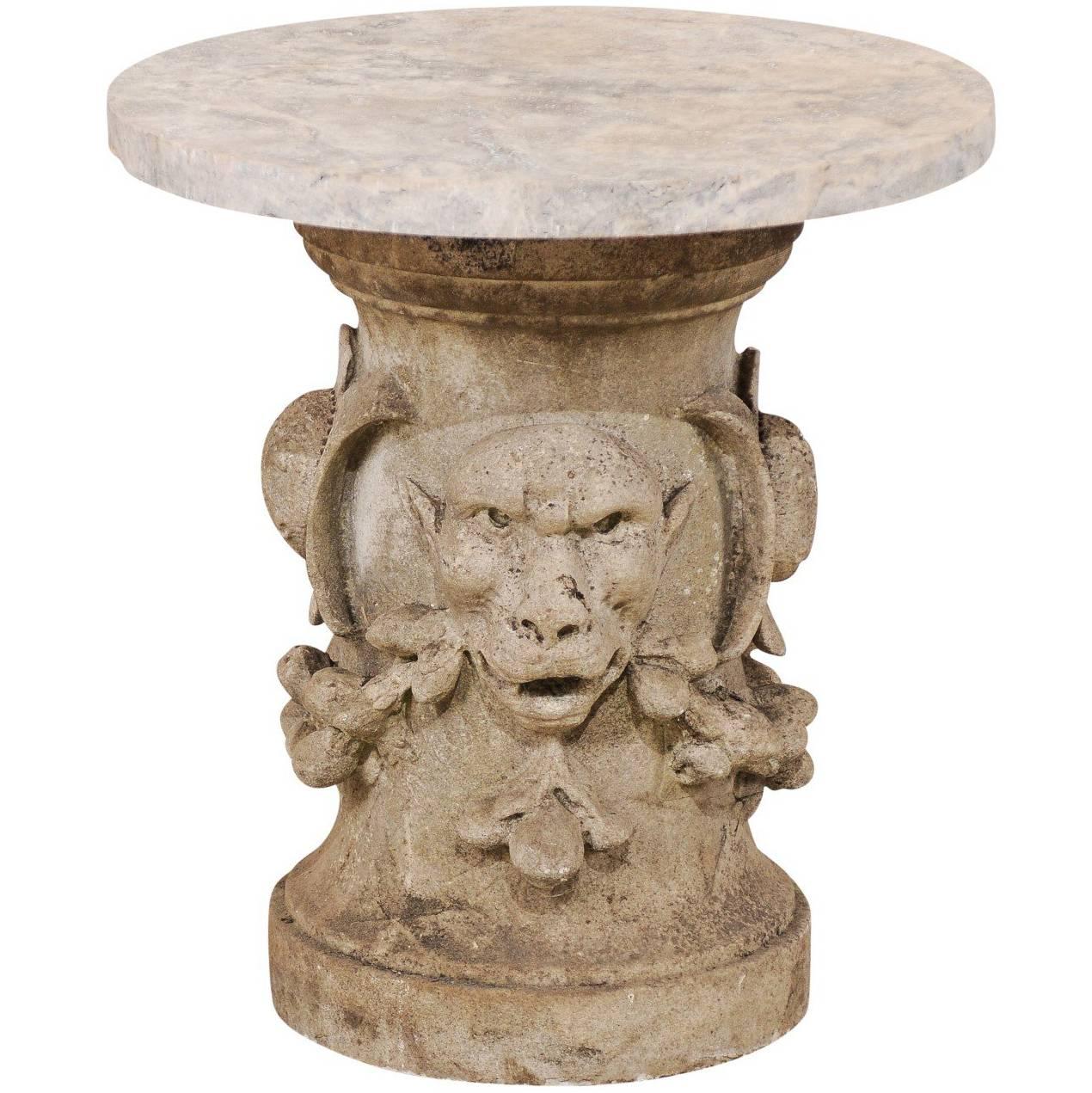 French 19th Century Carved Gargoyle Limestone Garden Table with Marble Top