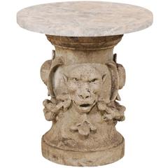 French 19th Century Carved Gargoyle Limestone Garden Table with Marble Top