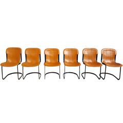 Cognac Leather Chairs by Willy Rizzo for Cidue, 1970s, Set of Six
