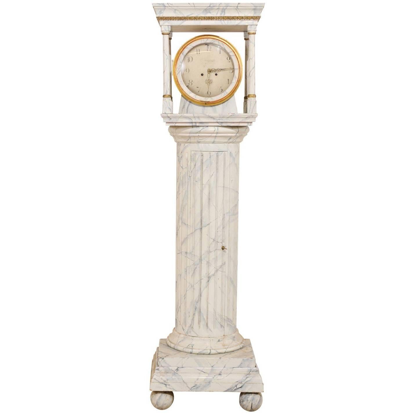 Swedish 19th C. Floor Clock w/Column Body, Faux Marbling & Architectural Bonnet