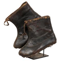 Pair of Vintage Leather Tribal Chinese Winter Boots on Custom Iron Stand 10