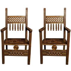 Pair of Unusual Geometrically Patterned Iberian Throne Chairs, 20th Century
