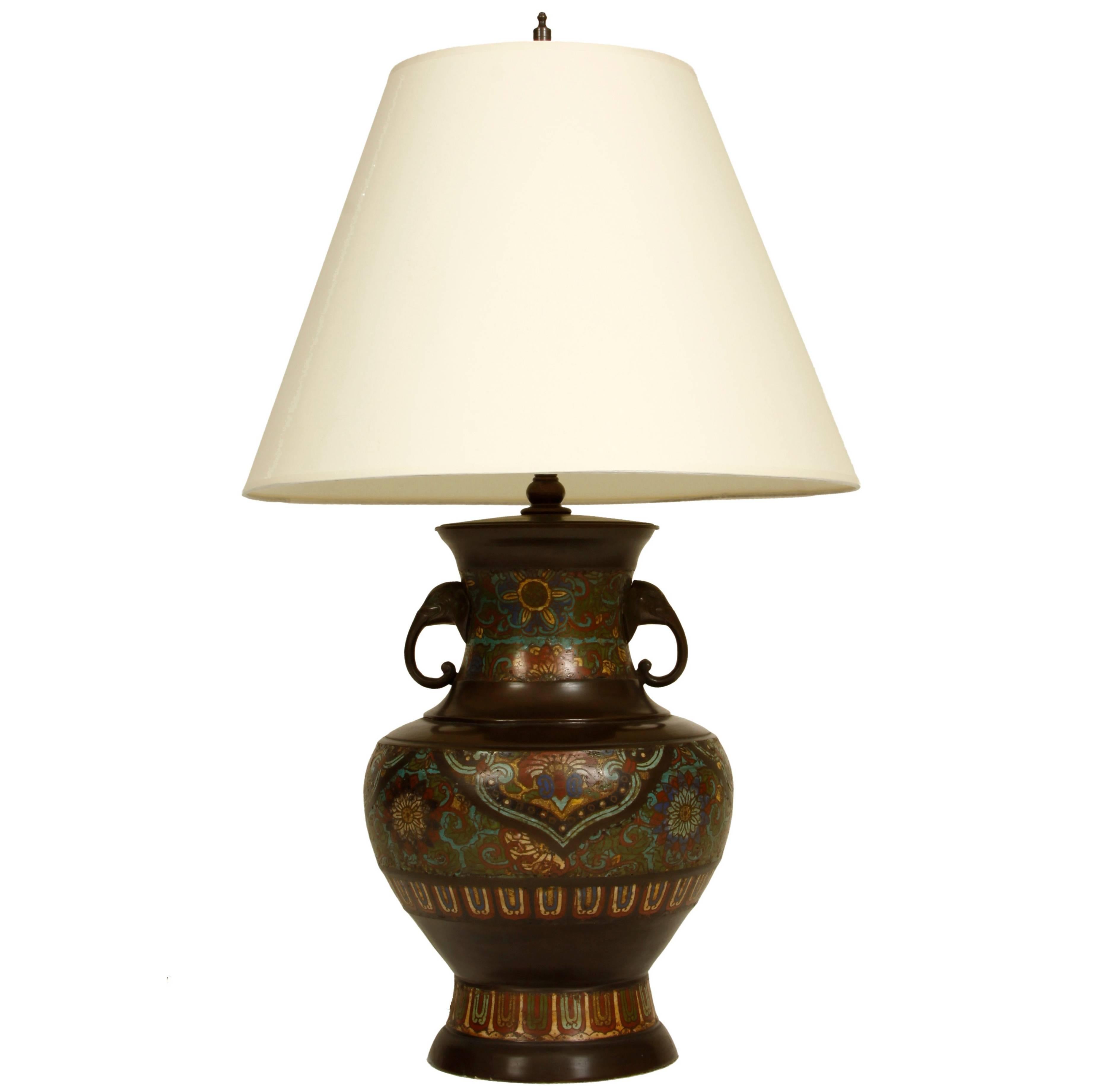 Champleve Lamp with Elephant Handles For Sale