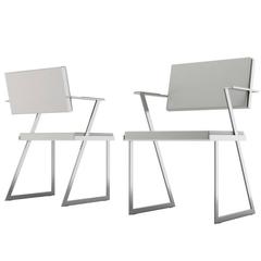 Modern Geometric Armchair in Steel and Leather for Dining or Conference