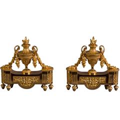 Louis XVI Style Andirons in Gilt Bronze with Vases and Garlands of Flowers