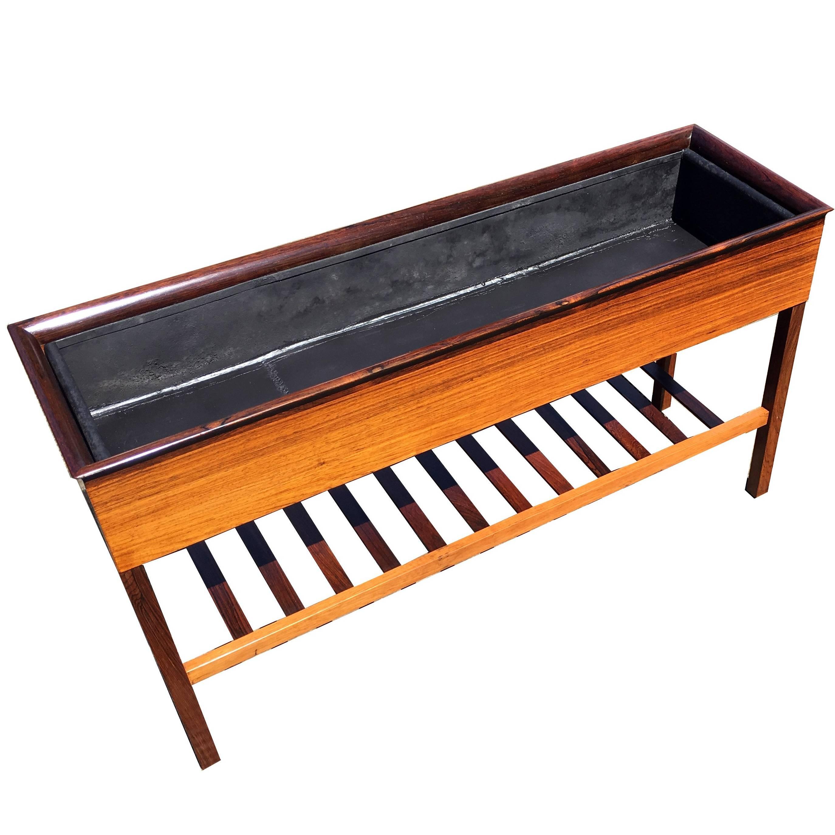 Danish Rosewood Planter with Metal Liner and Slatted Undertier
