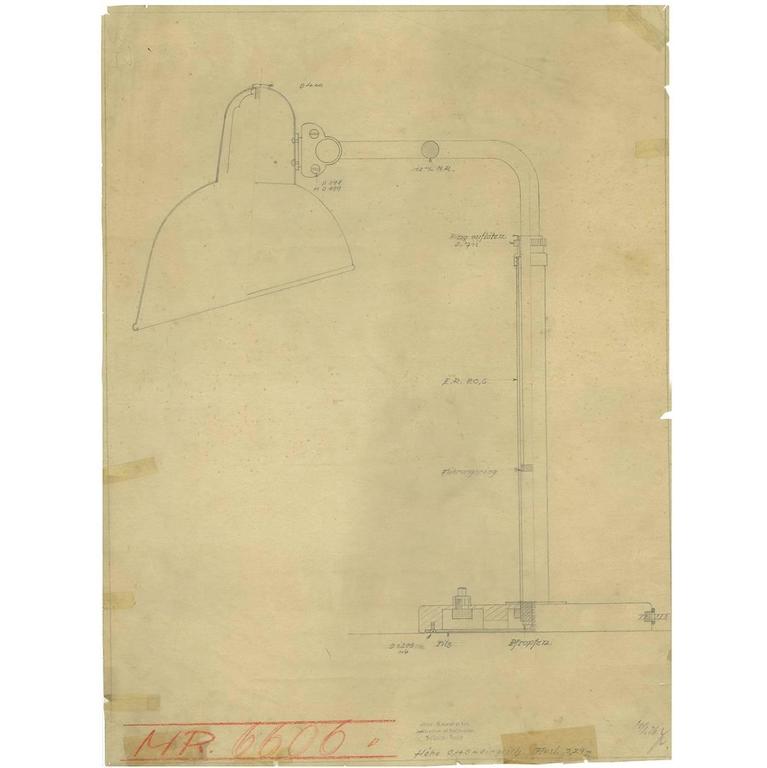 Drucken der Originalzeichnung Christian Dell für Kaiser Idell, Bauhaus-Leuchte 1