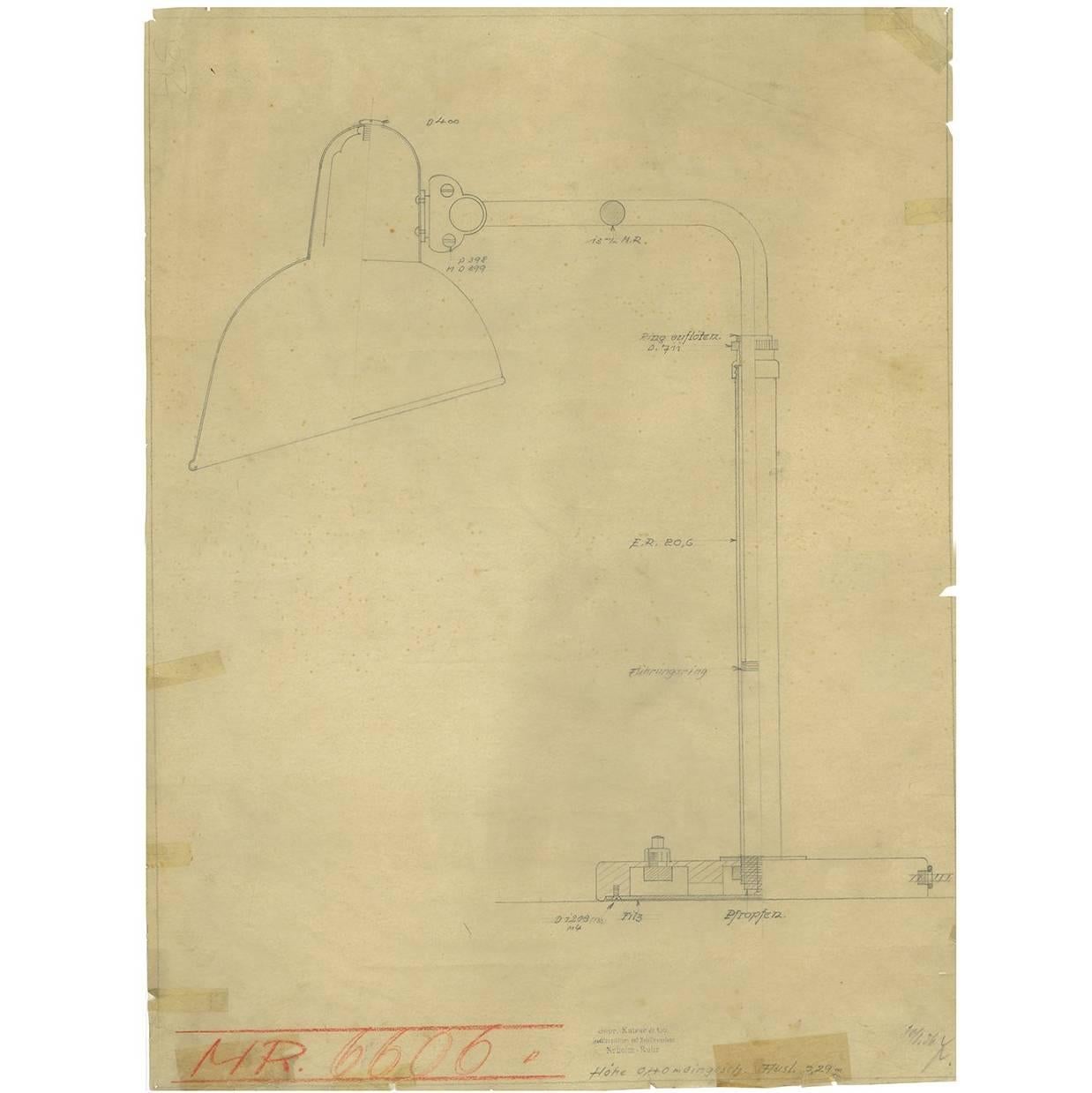 Druck der Originalzeichnung der Originalzeichnung von Christian Dell für Kaiser Idell, Bauhaus-Lampe