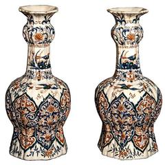 Pair of Delft Polychrome Decorated Double Gourd Vases, Early 19th Century