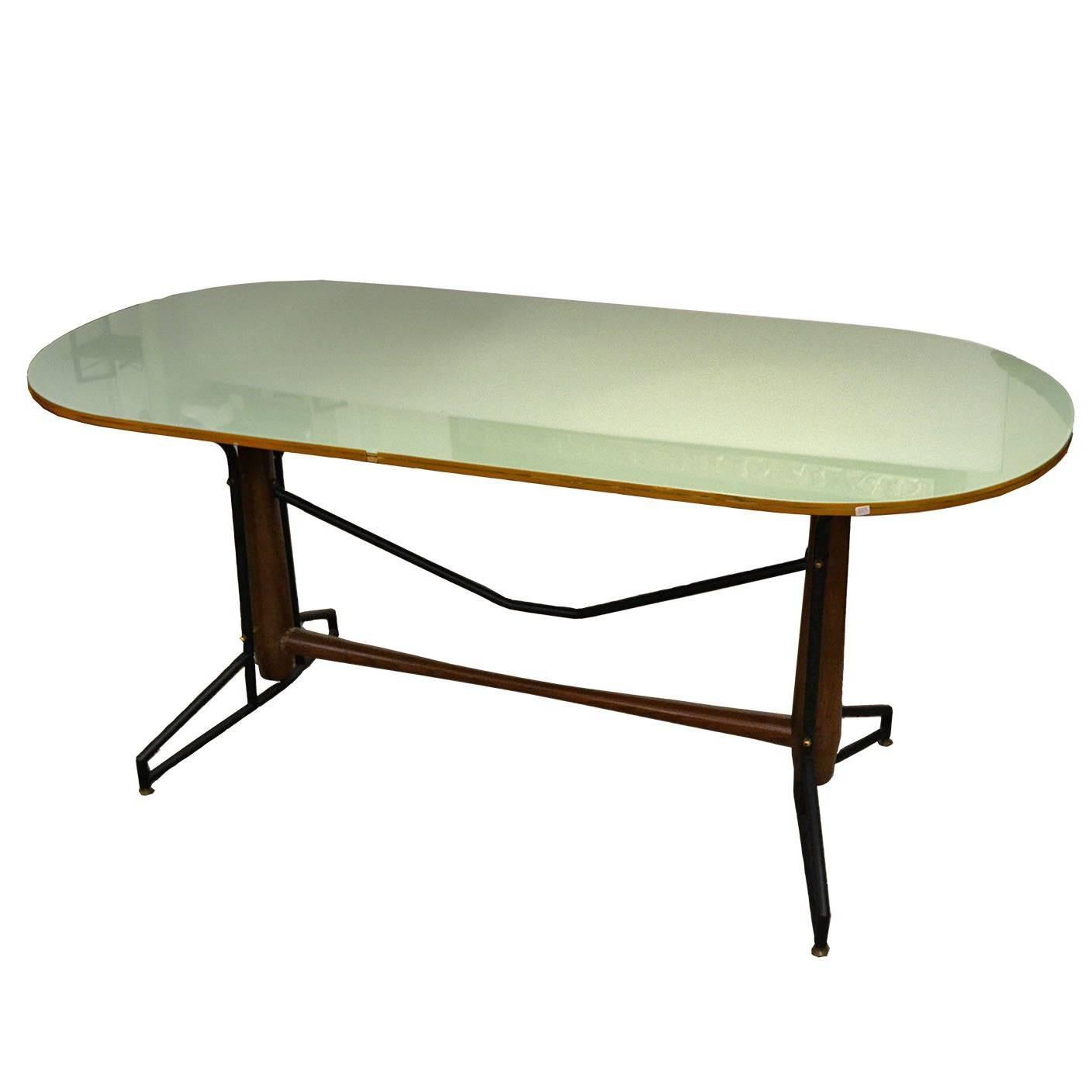 1950s Dining Table in Wood, Painted Metal and Brass with Painted Glass Top