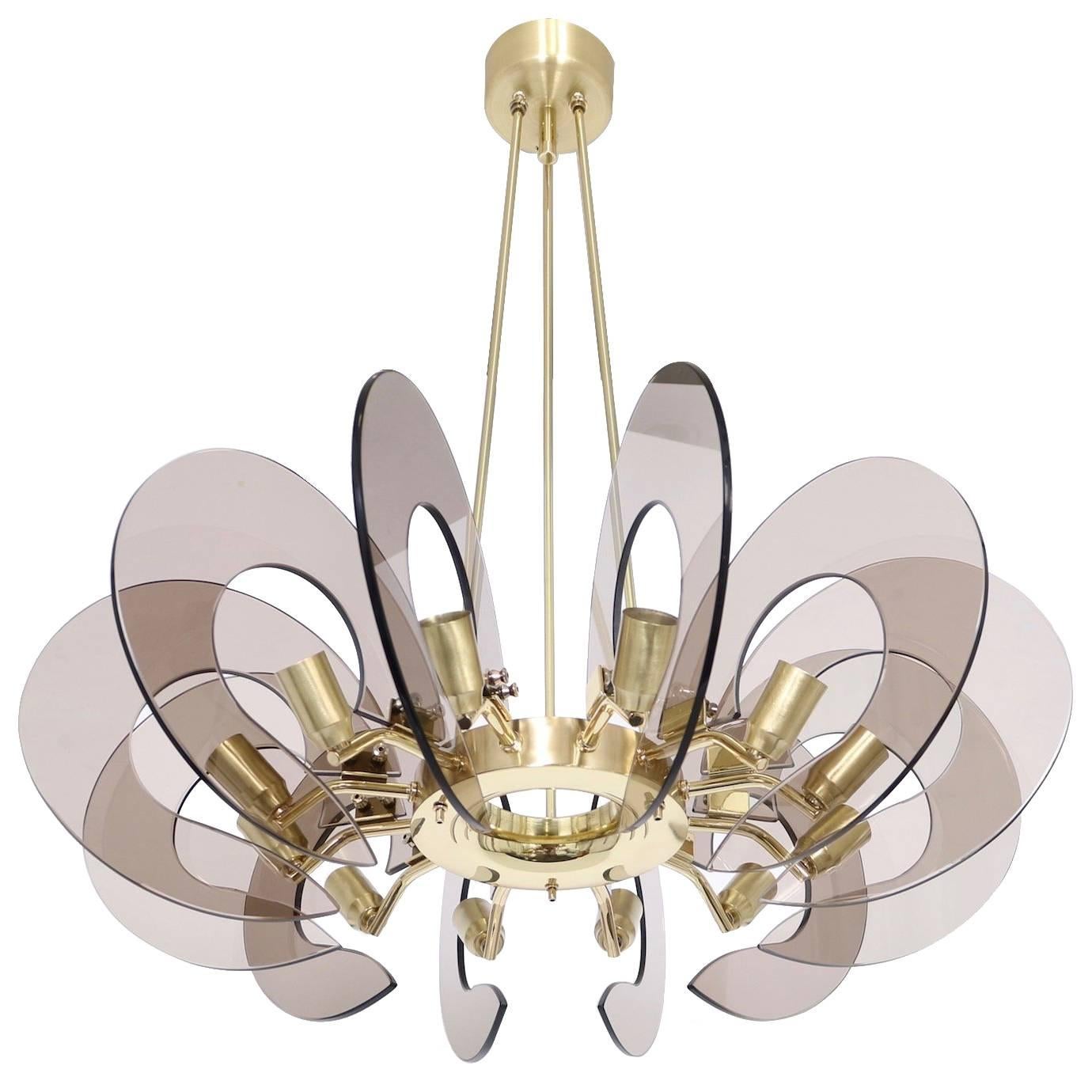 Restored Italian Chandelier in Brass and Smoked Glass Attributed to Fontana Arte