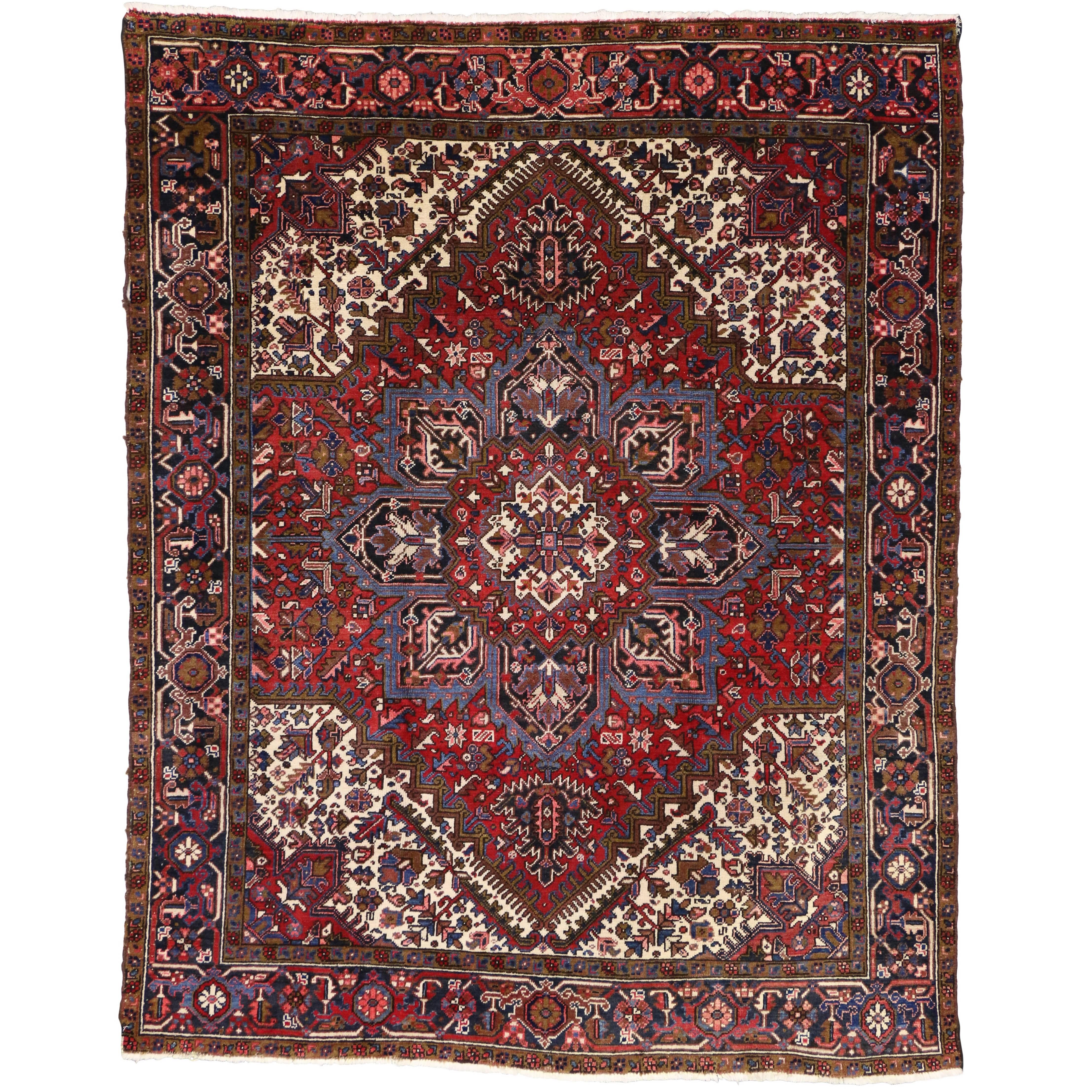 Vintage Persian Heriz Rug with Mid-Century Modern Style in Traditional Colors For Sale