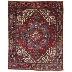 Vintage Persian Heriz Rug with Mid-Century Modern Style in Traditional Colors