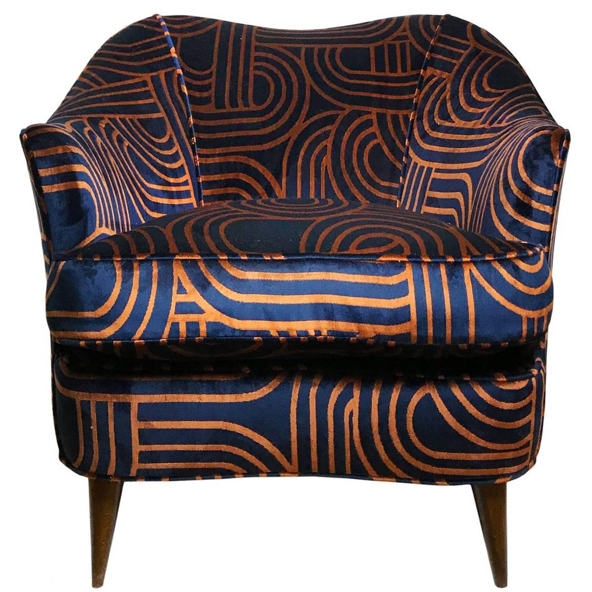 1960's Italian Gio Ponti Barrel Back Club Chair in Navy and Copper Swirl Velvet 