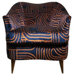 1960's Italian Gio Ponti Barrel Back Club Chair in Navy and Copper Swirl Velvet