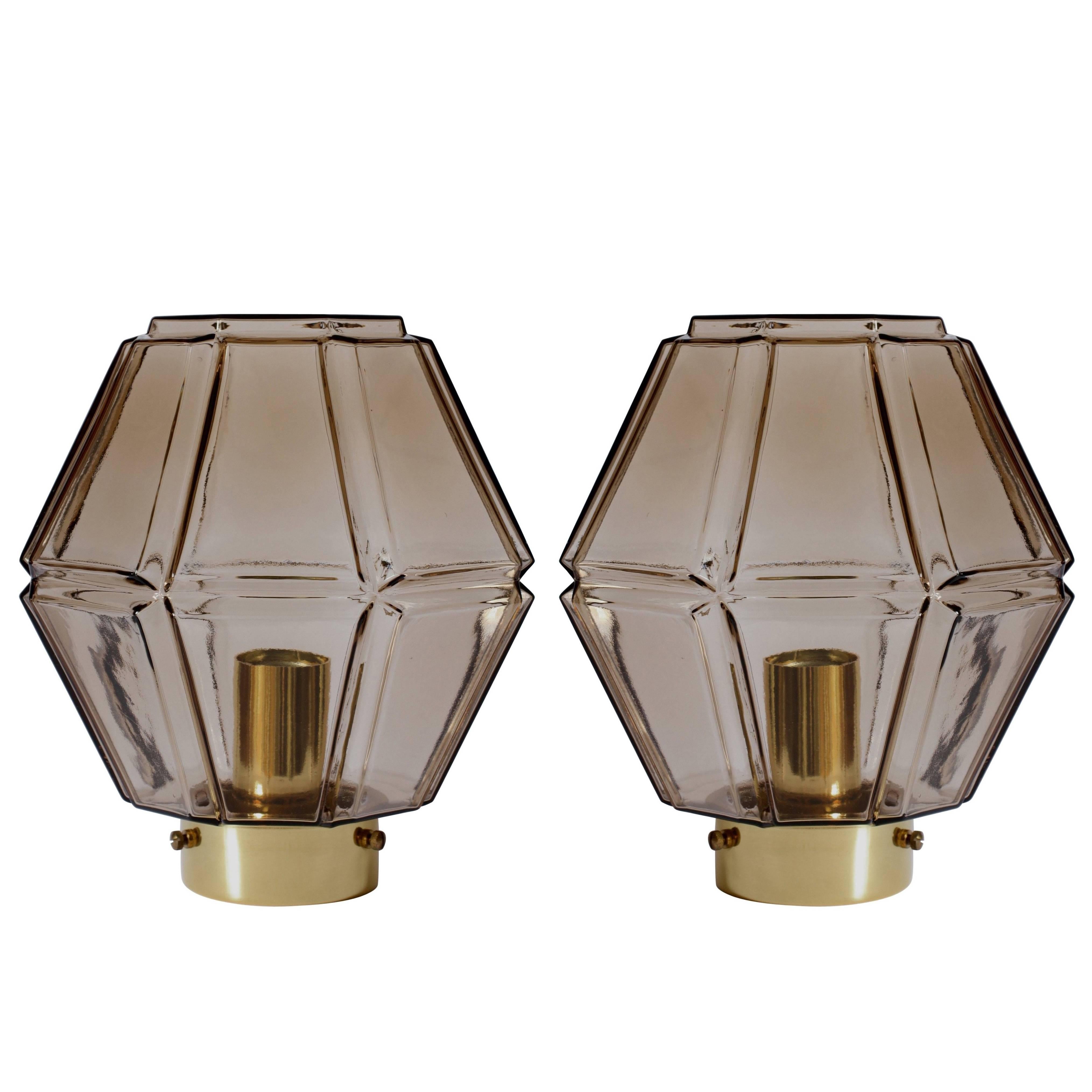 Limburg 1970s Vintage Pair of Geometric Smoked Glass & Brass Flush Mount Lights