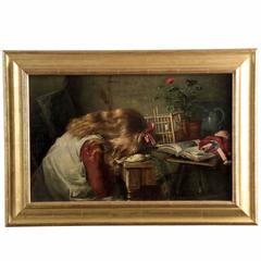 Antique Harry Roseland Painting of Girl Mourning, circa 1886