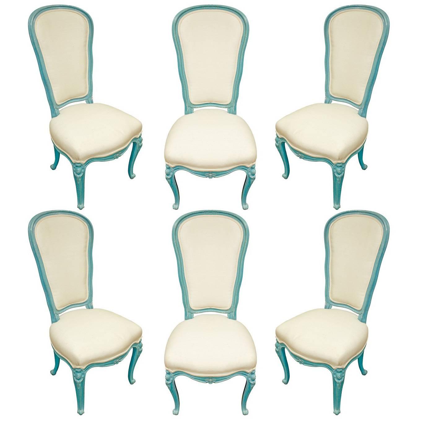 Set of Six Chic Louis XV Blue Lacquer Dining Chairs, 1970s For Sale