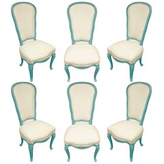 Retro Set of Six Chic Louis XV Blue Lacquer Dining Chairs, 1970s