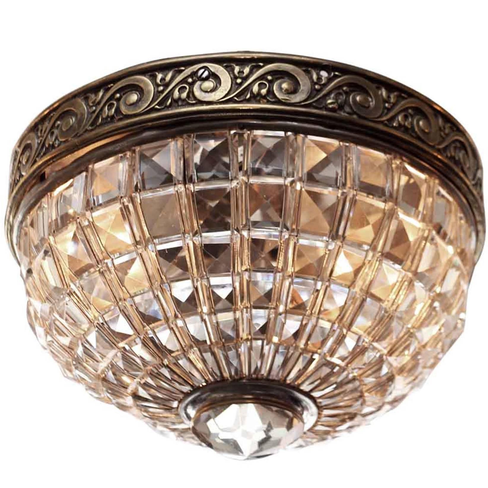 1930s Brass and Crystal Basket Flush Mount Light with Two Lights
