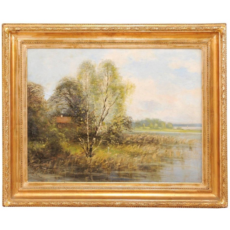 Original Landscape Oil Painting Depicting a Peaceful House Scene on the Water For Sale