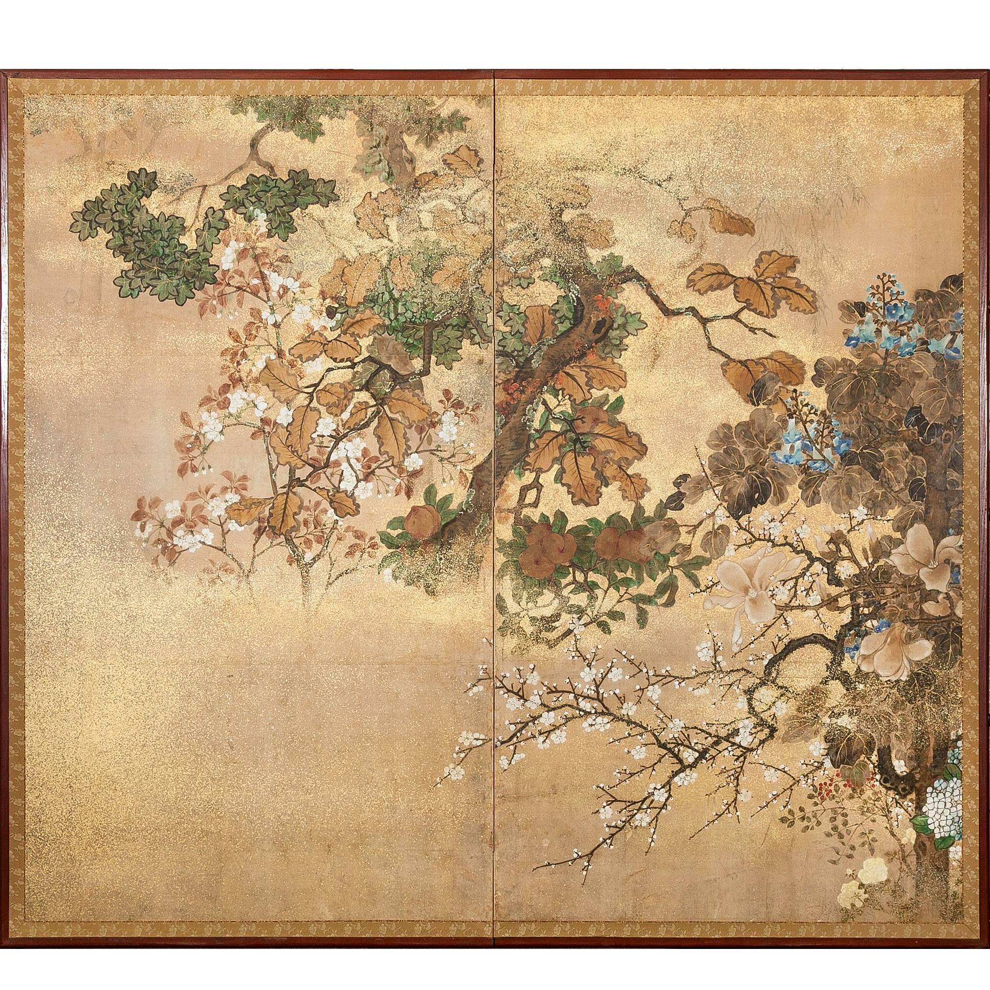 Japanese Screen, Floral Landscape with Gold Dust