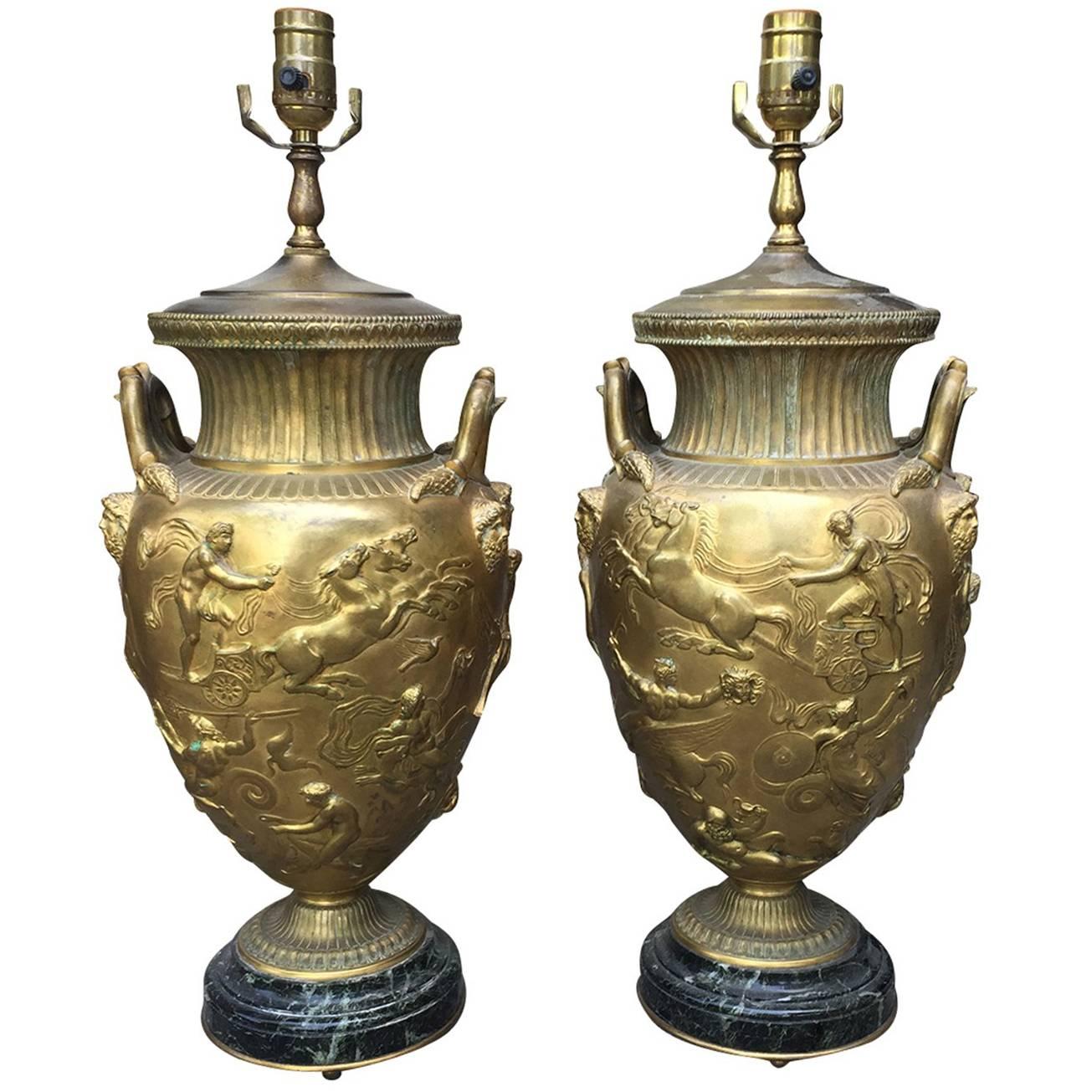 Exquisite Pair of 19th Century F. Barbedienne Bronze Lamps, Marble Bases For Sale
