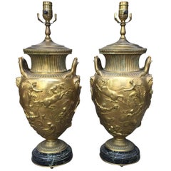 Exquisite Pair of 19th Century F. Barbedienne Bronze Lamps, Marble Bases