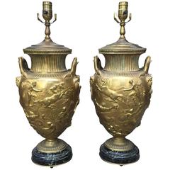 Exquisite Pair of 19th Century F. Barbedienne Bronze Lamps, Marble Bases 5