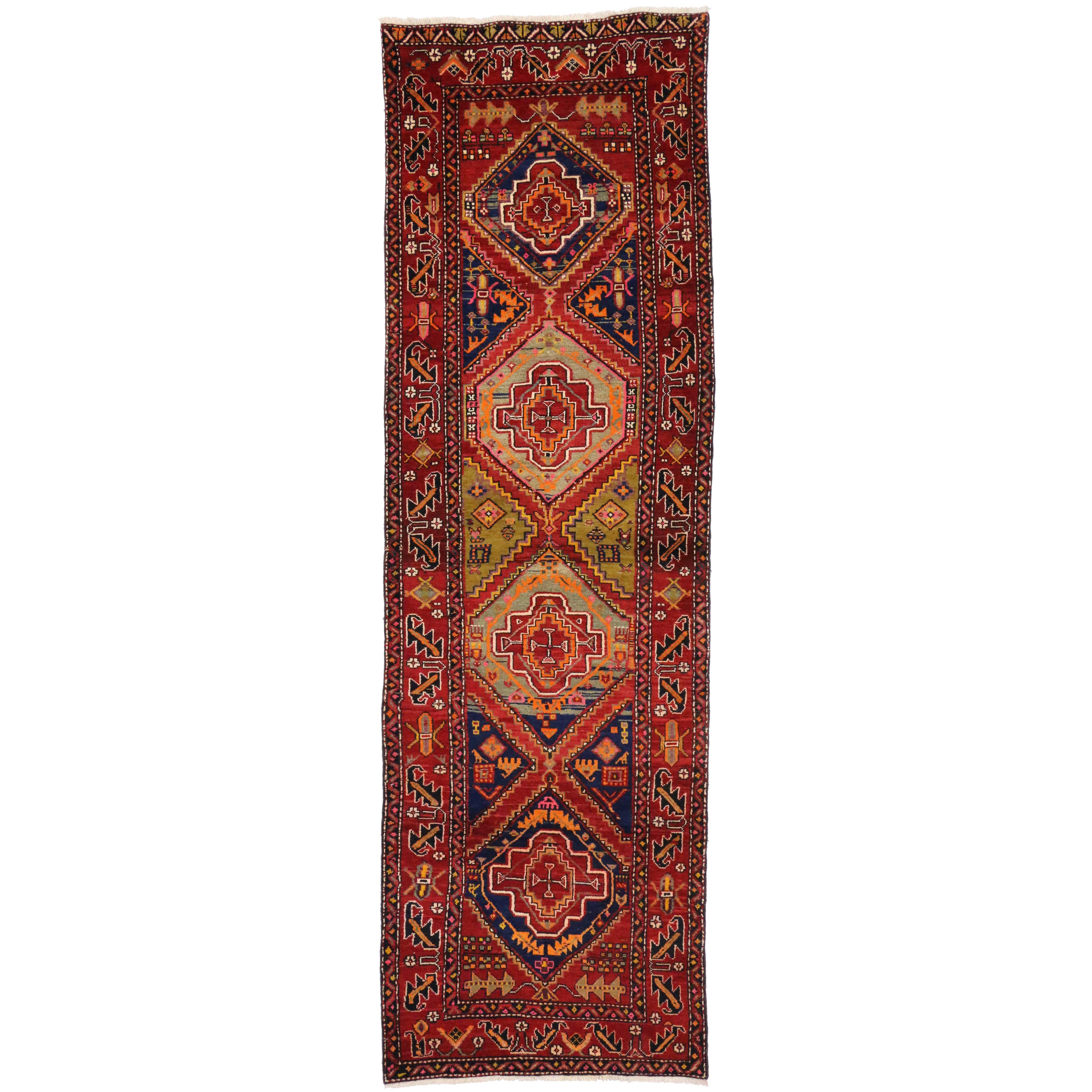 Vintage Persian Heriz Hallway Runner with Mid-Century Modern Art Deco Style