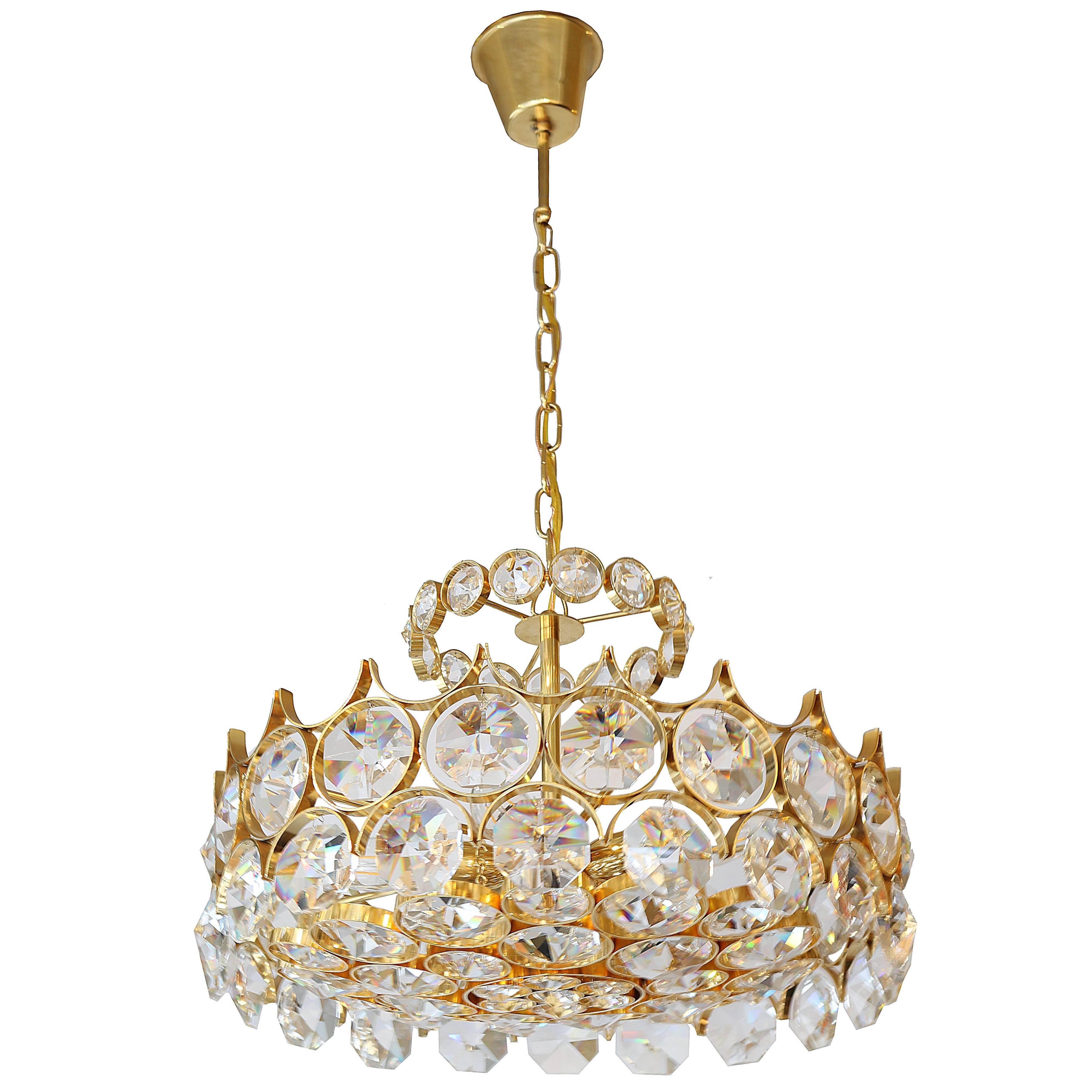 Modernist Crystal and Brass Chandelier by Palwa