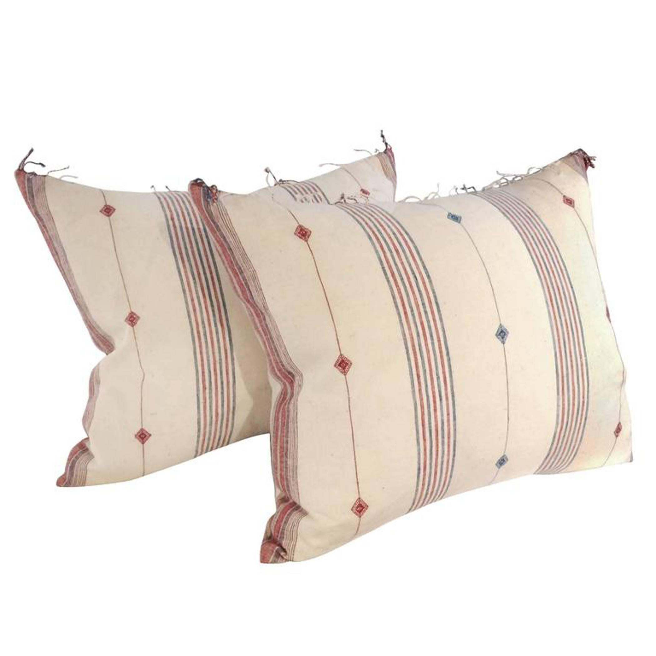 Pair of Vintage Indian Striped Down Pillows For Sale