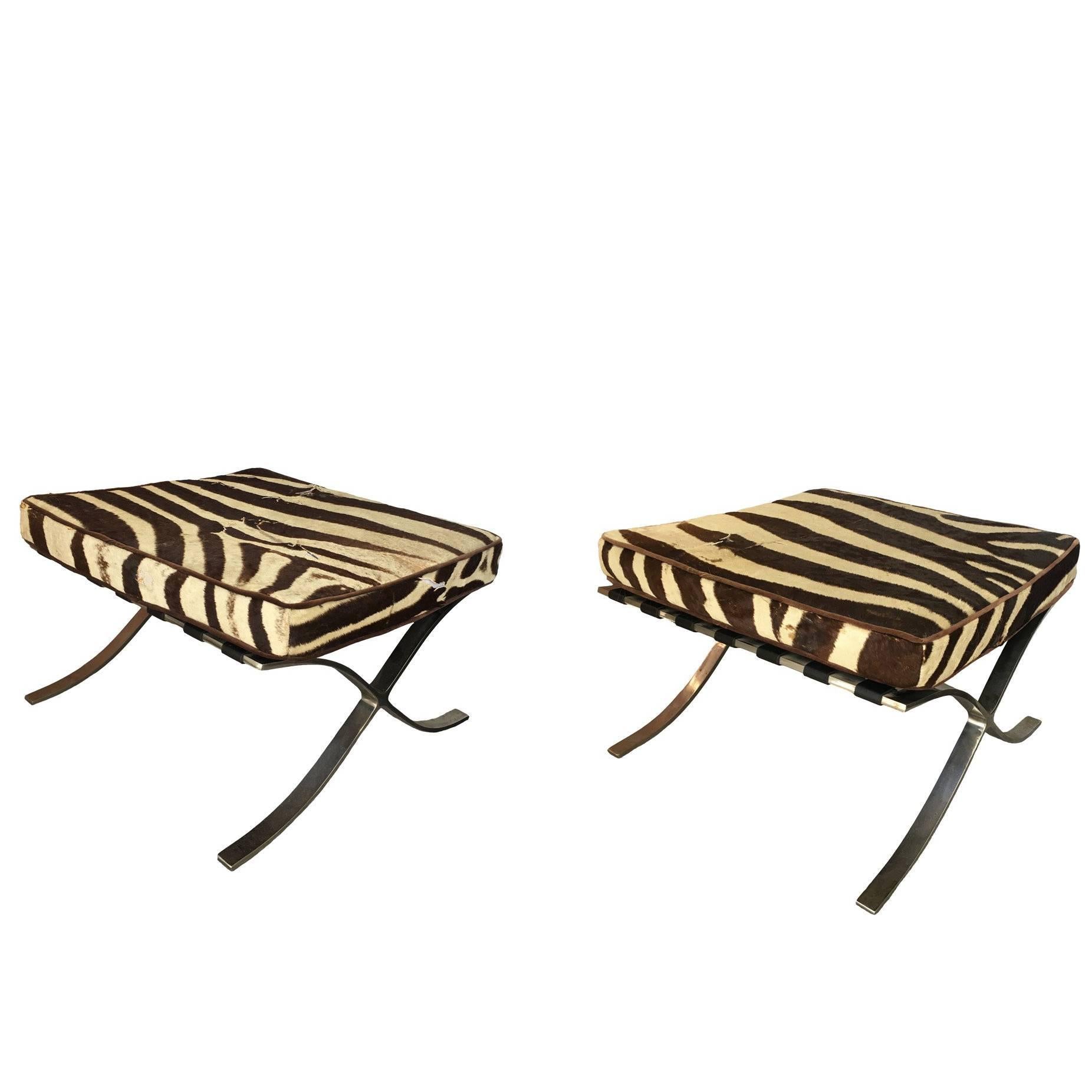 Pair of Barcelona Stools with Zebra Hide Cushions