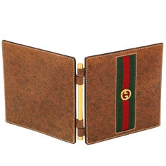 Gucci Leather Picture Frame Brass Fabric Green Red Signed Italy, 1970s