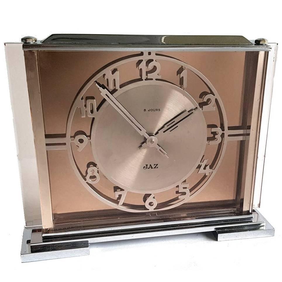 Art Deco Glass and Chrome 8 Day Clock by JAZ