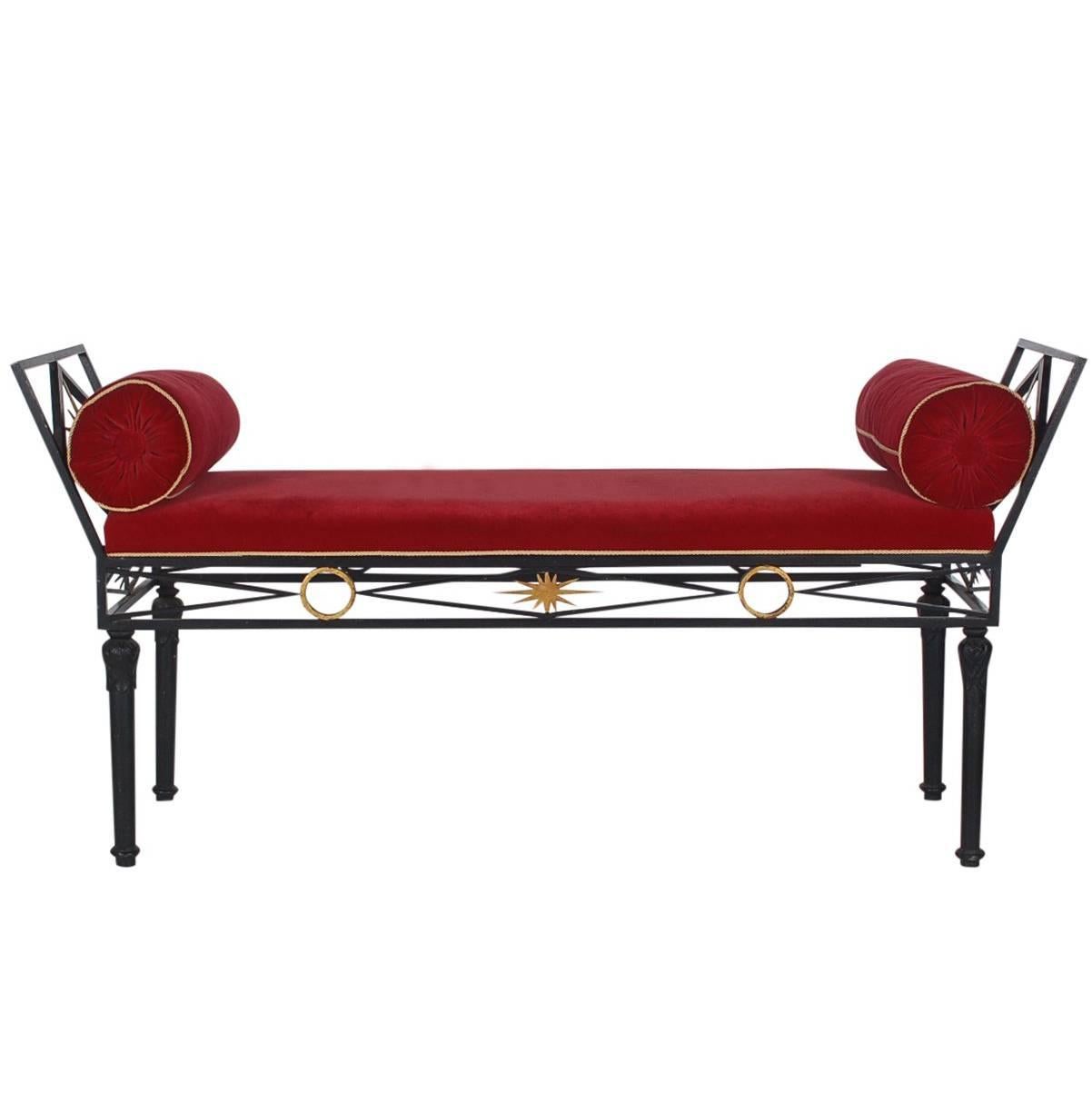 Italian Hollywood Regency Iron and Gold Gilt Bench with Velvet Cushions