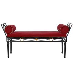 Italian Hollywood Regency Iron and Gold Gilt Bench with Velvet Cushions