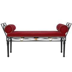 Retro Italian Hollywood Regency Iron and Gold Gilt Bench with Velvet Cushions