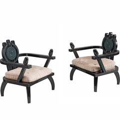 Ettore Zaccari Pair of Azure Green and Black Armchairs, 1910 11