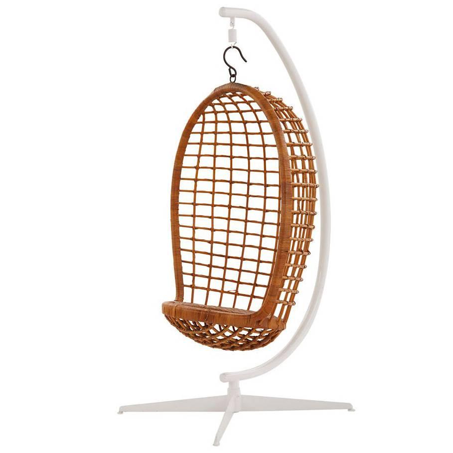 Mid-Century Rattan Hanging Chair and Stand