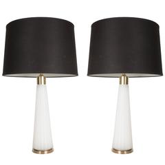 Sophisticated Pair of Pleated White Murano Glass Lamps with Brass Fittings