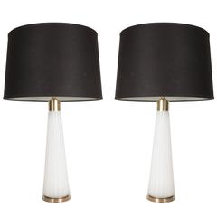 Sophisticated Pair of Pleated White Murano Glass Lamps with Brass Fittings
