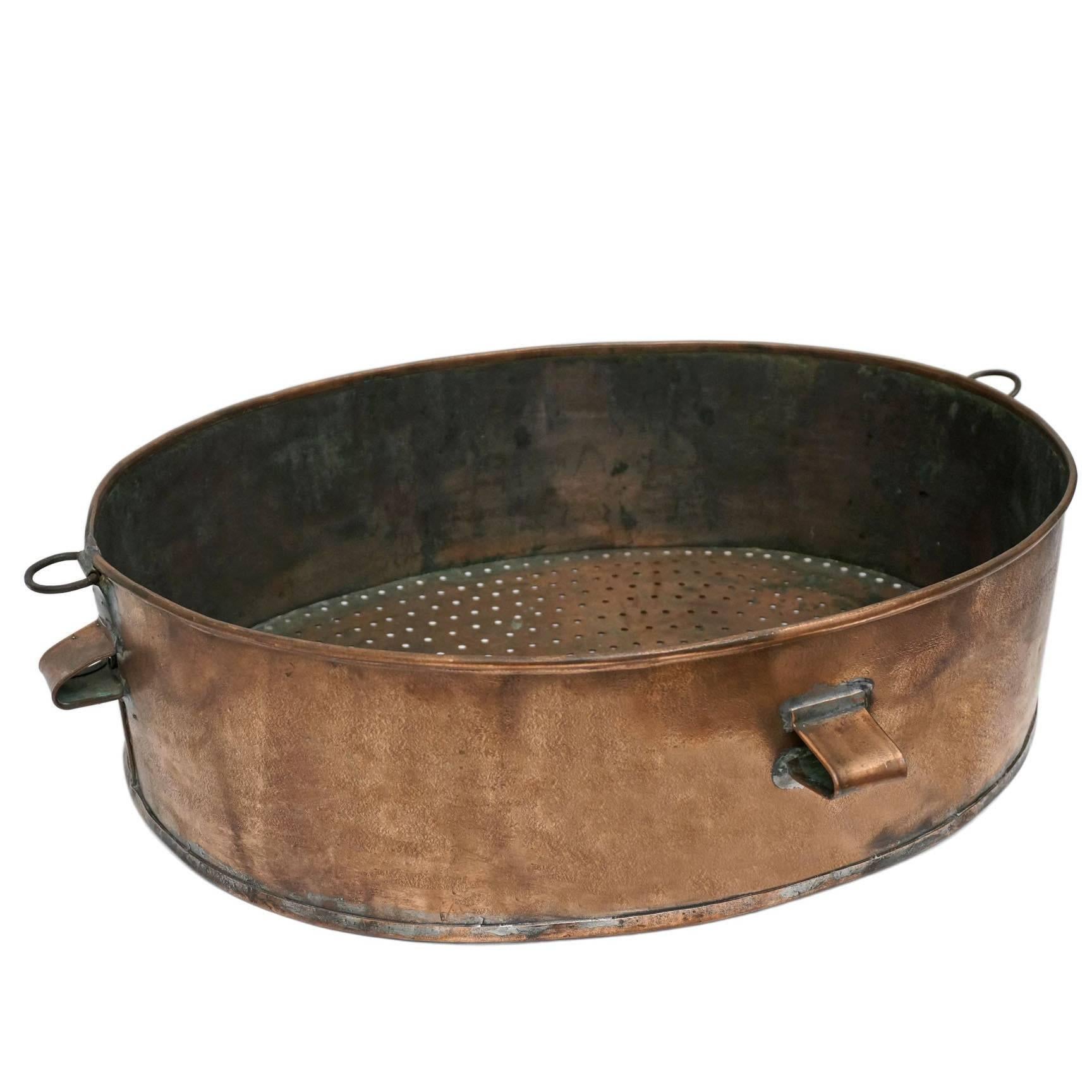 Early 20th Century French Copper Tub, Large Oval Strainer or Centerpiece