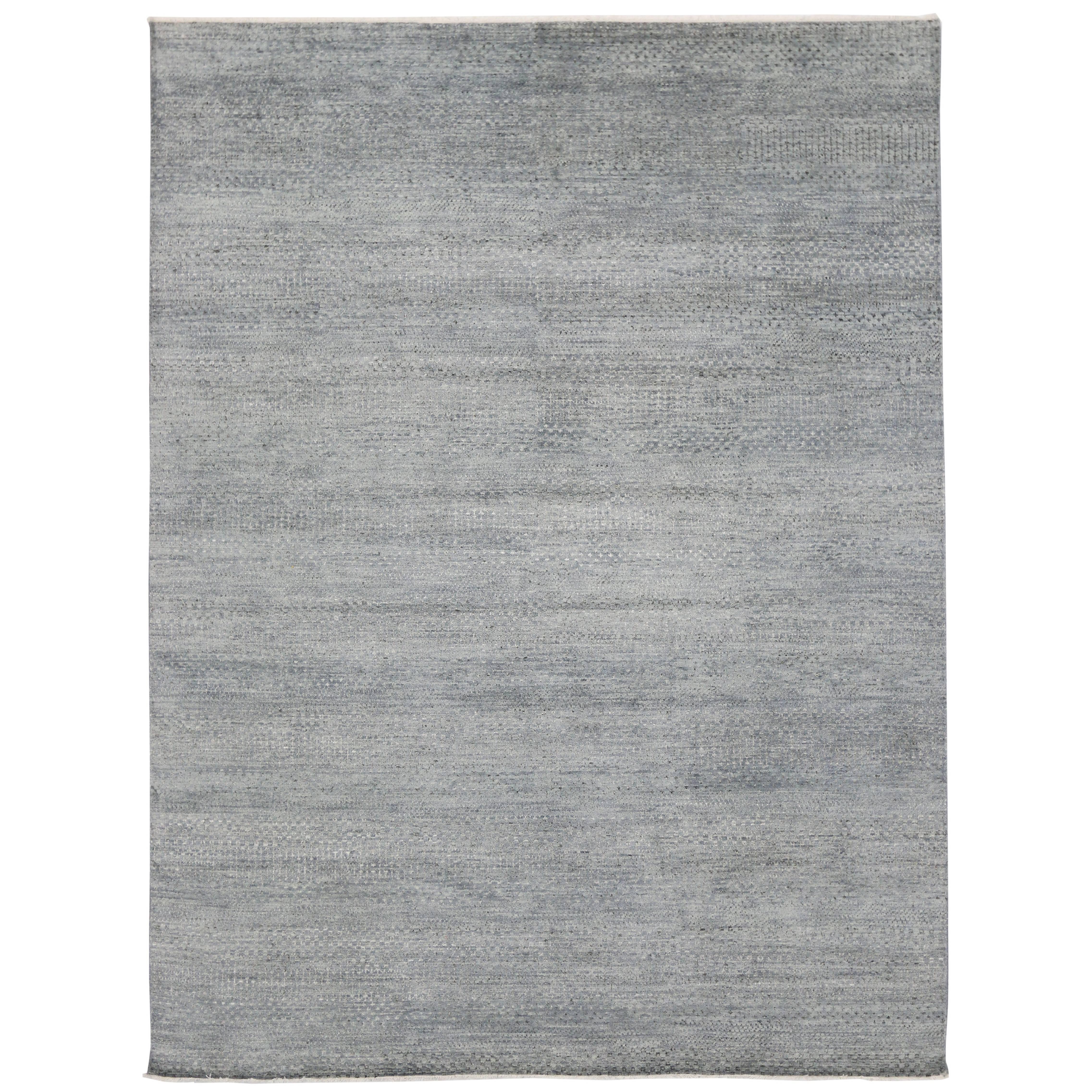 Transitional Grass Cloth Patterned Slate Blue Area Rug with Modern Style